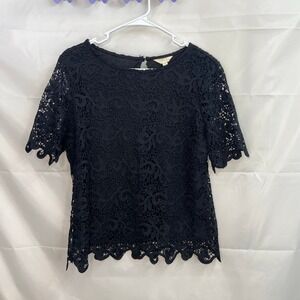 NWOT‎ Adiva women's black crocheted lace lined half sleeve blouse button shirt L